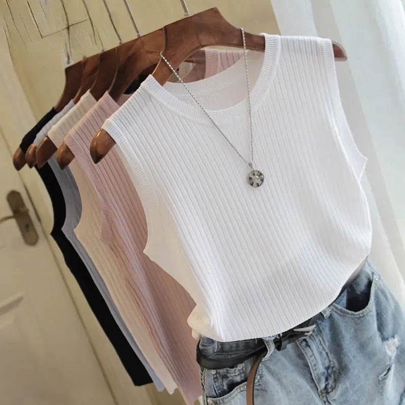 2025 Summer New Fashion Knitted Vests O-neck Sleeveless Casual Thin Tops Sleeveless Blouse Women Shirt - AIAZ