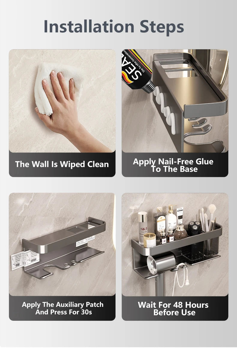 Hair Dryer Holder No punching Wall Mounted Bathroom Shelf Makeup Storage Organizer With Storage Box Aluminum Hair Dryer Rack