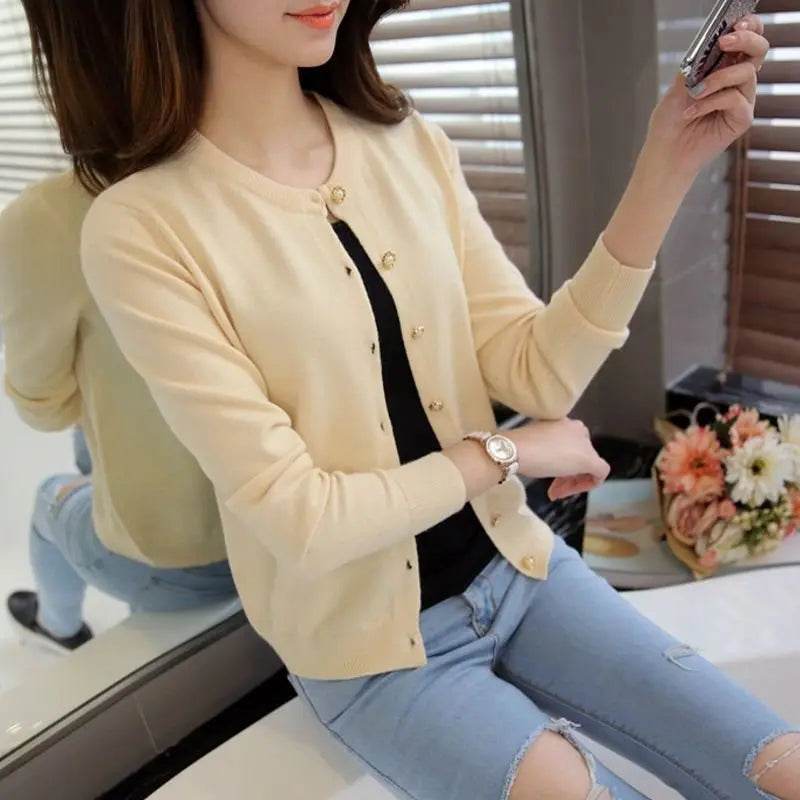 Cardigan Women's Thin Spring Autumn with Neck Slim-fit Shirt Short Top Solid Color Sweater Small Coat Cardigan White Cardigan - AIAZ
