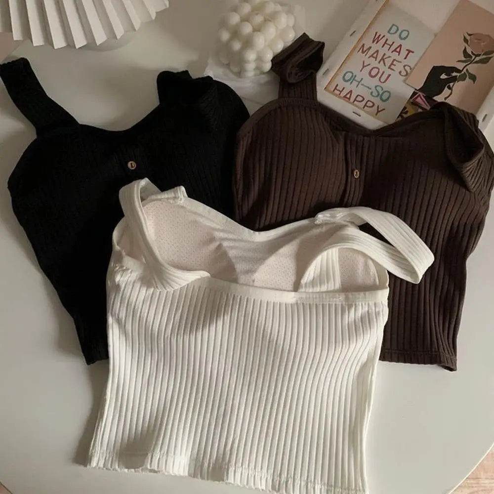 Women's Ribbed Tank Tops Y2K Cropped Tops with Bra Pads Knitted Button Down Suspenders Vest Sexy Camisole Female Short Tops - AIAZ