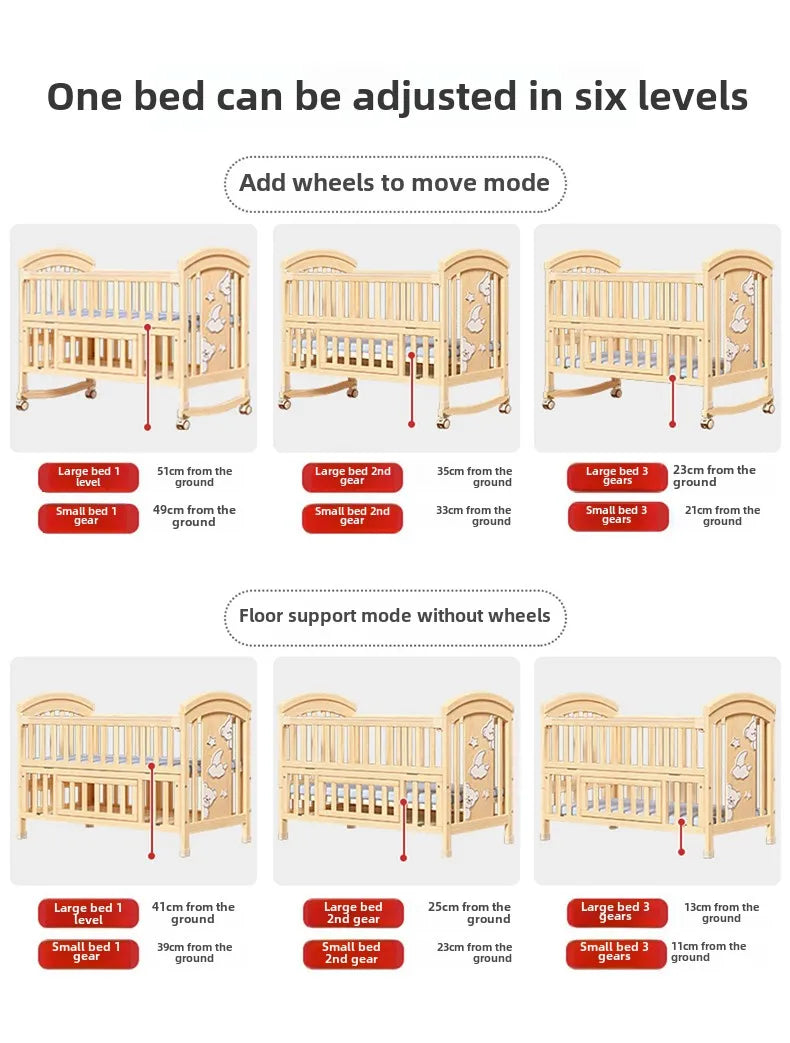 Crib Solid wood newborn baby cradle Multifunctional paint-free movable children's splicing bed air mattress 103 cm long