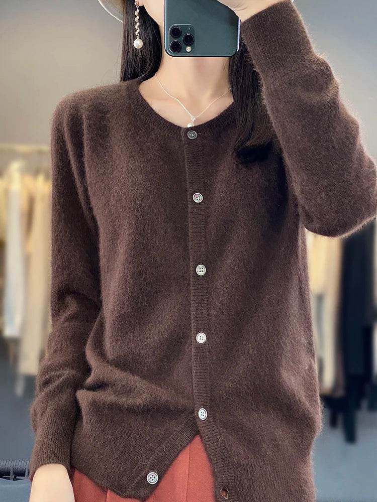 Women's Cardigan 100% Mink Cashmere Sweater,O-Neck Long Sleeve Top,Plus-Size Loose,Spring and Autumn Soft Knitted Jacket Female - AIAZ