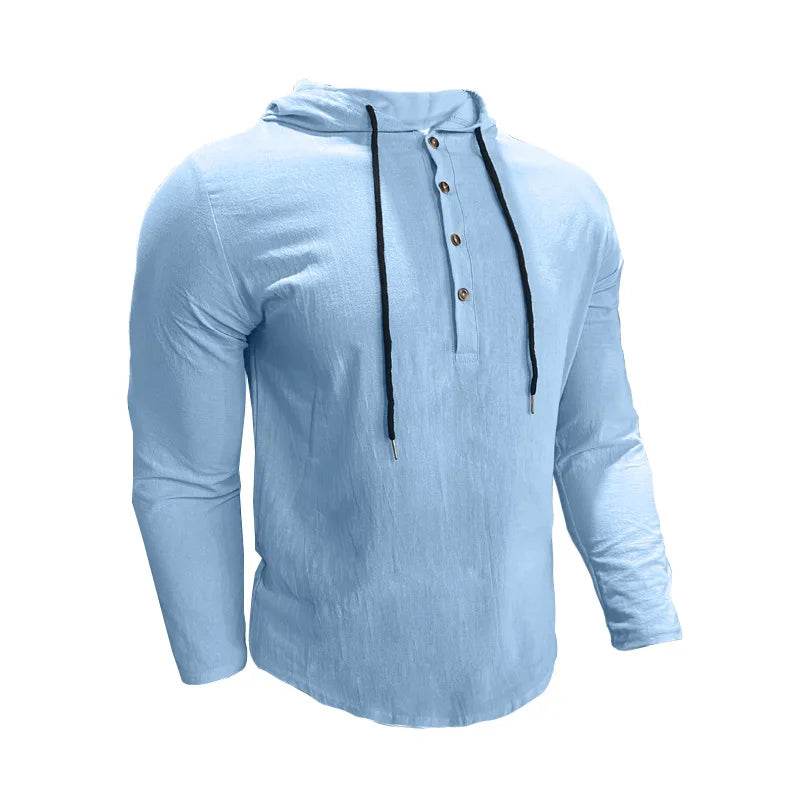 24 New cotton and linen shirts hooded loose large size casual sweater long sleeve hoodie men - AIAZ