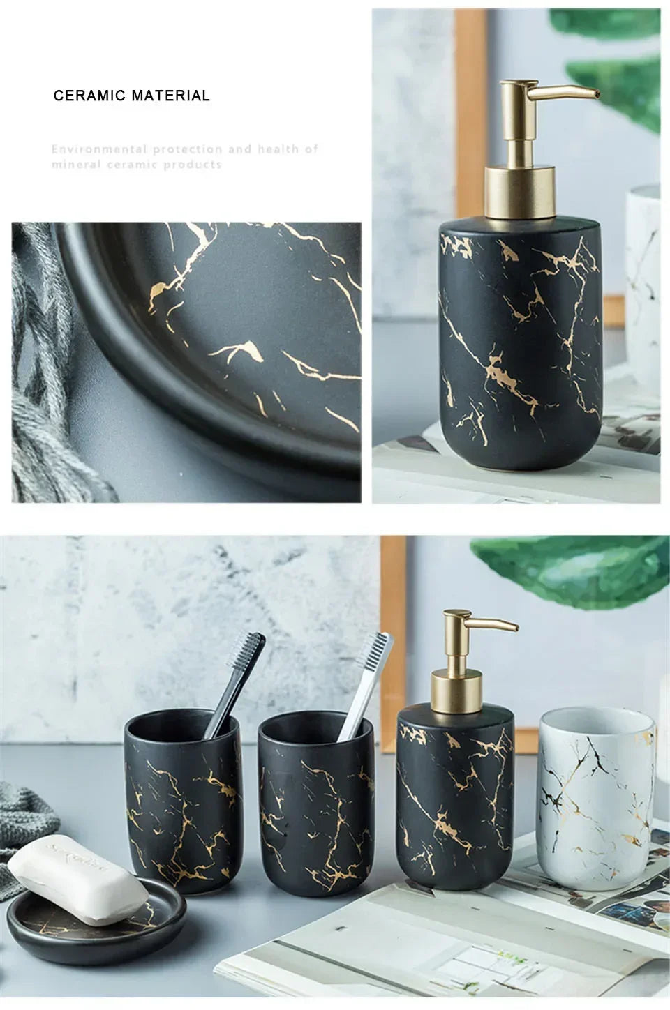 Marble Soap Dispenser Pump Bottle Ceramic Bathroom Accessory Set  Home Couple Mouthwash Cup Soap Dish Washing Tools Luxury