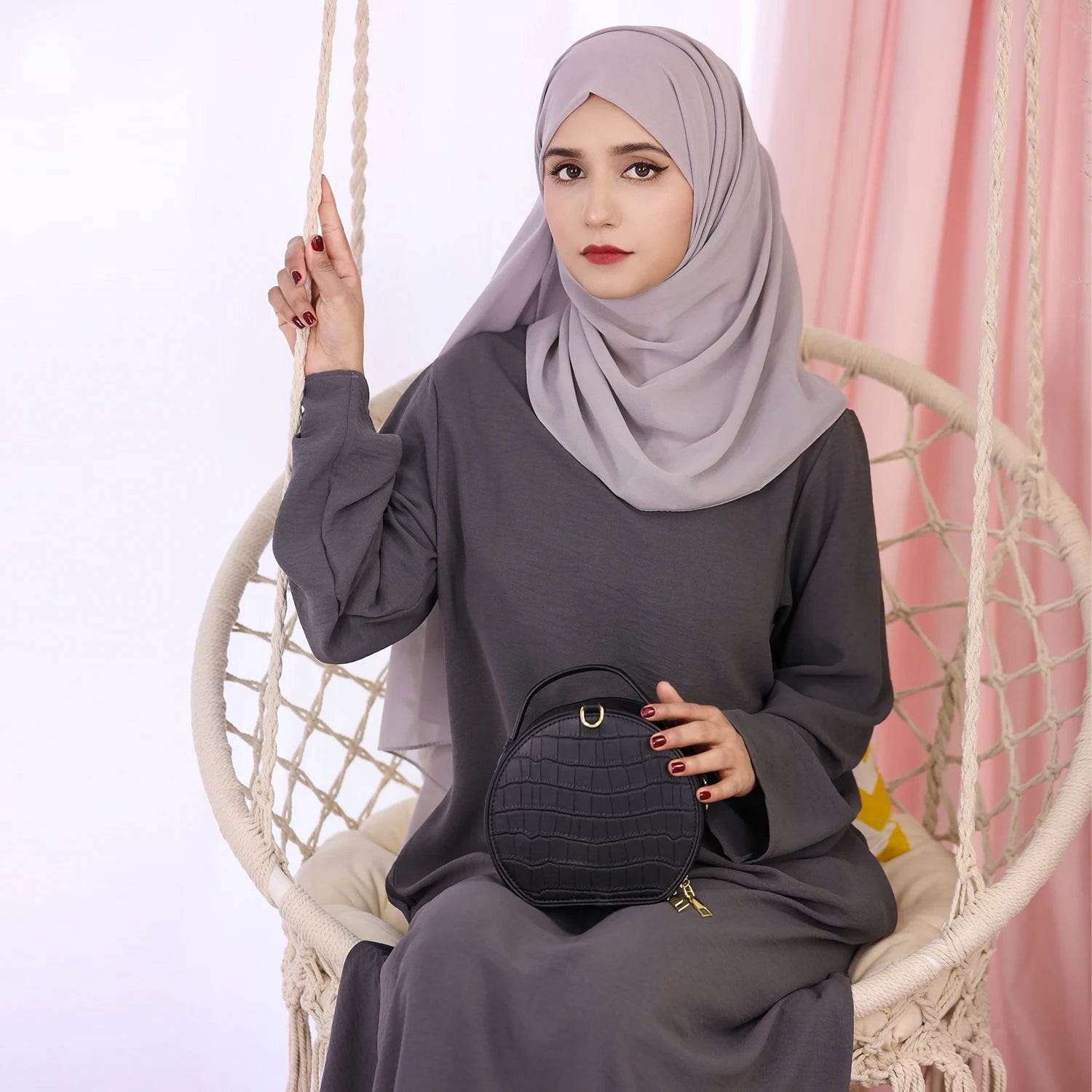 2025 Fashion Simple Muslim Dress Solid Abaya Arab Turkey Dubai Kaftan Modest Long Sleeve Maxi Dress Islamic Clothing LR593 - AIAZ
