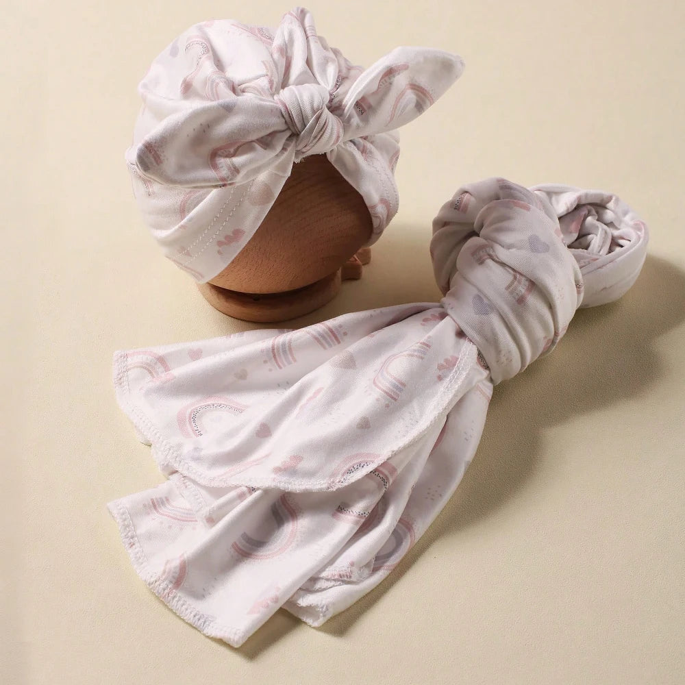 Ylsteed Newborn Receiving Photography Swaddle Blanket with Bow Turban Hat Infant Photography Props New born Photoshooting Wraps