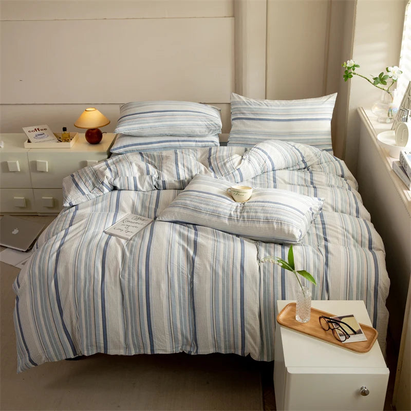 Striped Duvet Cover Set Queen 100% Washed Cotton Bedding Set, Luxury Soft Pink Vertical Ticking Stripes Comforter Cover, (3pcs)