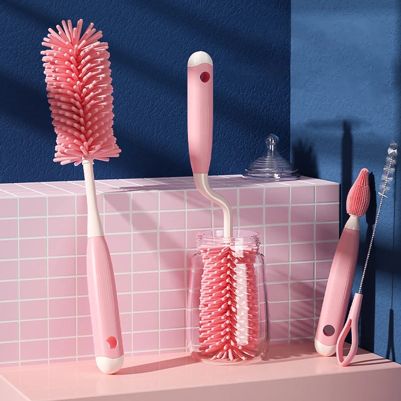 Silicone Bottle Cleaning Brush Baby Pacifier Straw Scrubber Small Brush 360 Degree Glass Cup Washing Kitchen Cleaning Tool Set