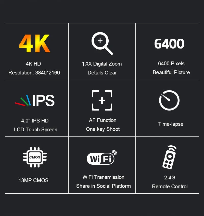 4k 60fps 64MP Youtube Video Live Stream 4.0 Rotate Touch Screen Digital Phone Webcam CMOS Camera