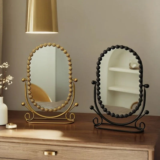 Light Luxury Wrought Iron Vertical Mirror Rotatable Retro Makeup Mirror Bedroom Vanity Mirror Desktop Ornament Photo Props