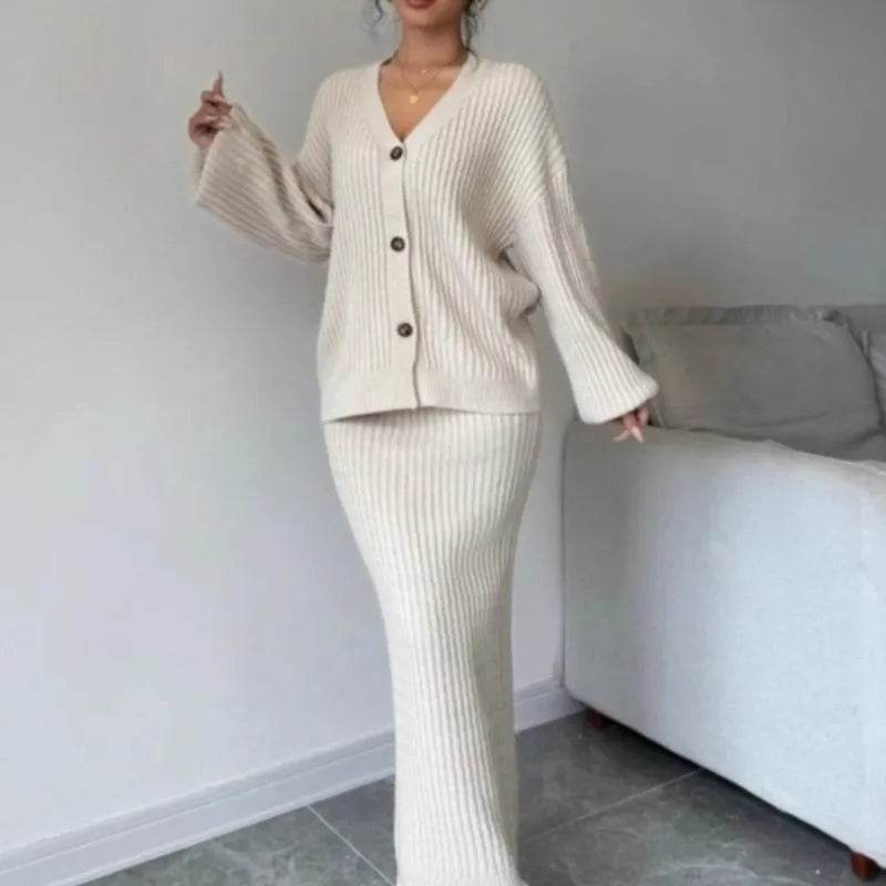 Women's Long Sleeved Jacket Sweater V-neck Cardigan Loose Two-piece Set Solid Color Knitted Hip Skirt Set - AIAZ