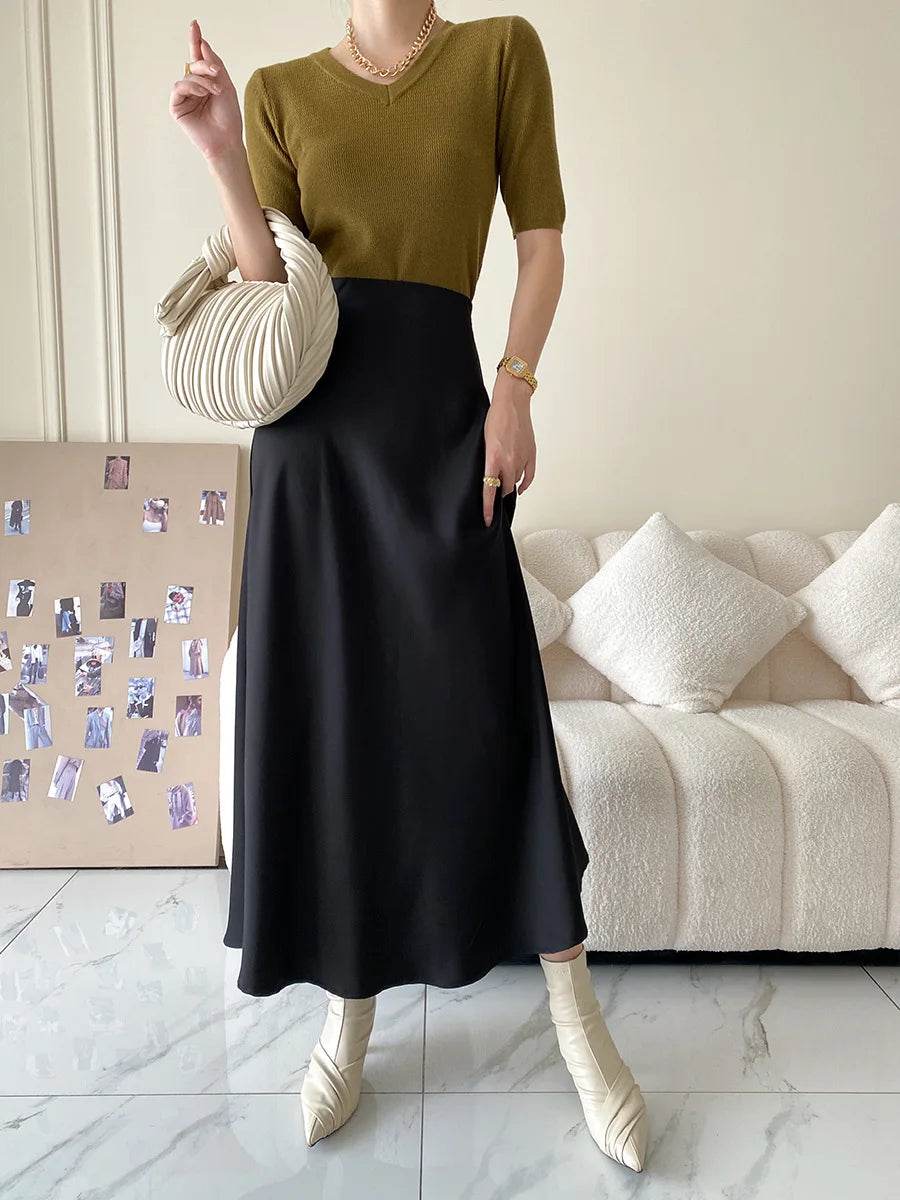 High Waisted Satin Long Skirts for Women Spring/Summer New 2025 Women's Skirt A-line Fashion Elegant Slim Fit Grey Black Skirt - AIAZ