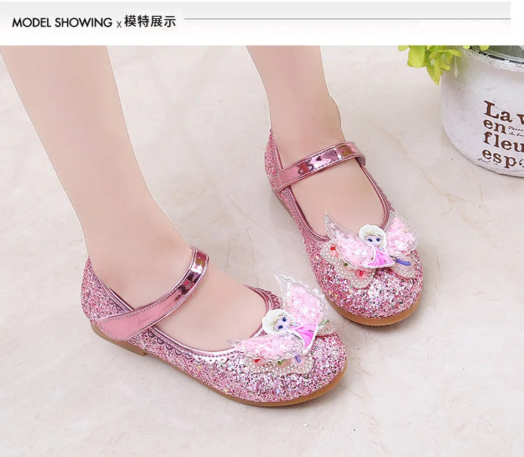 Disney Elsa Frozen Girls Princess Shoes Spring and Autumn Flat Paillette Shoes Children's Soft Sole Baby Casual Shoe Party Shoes