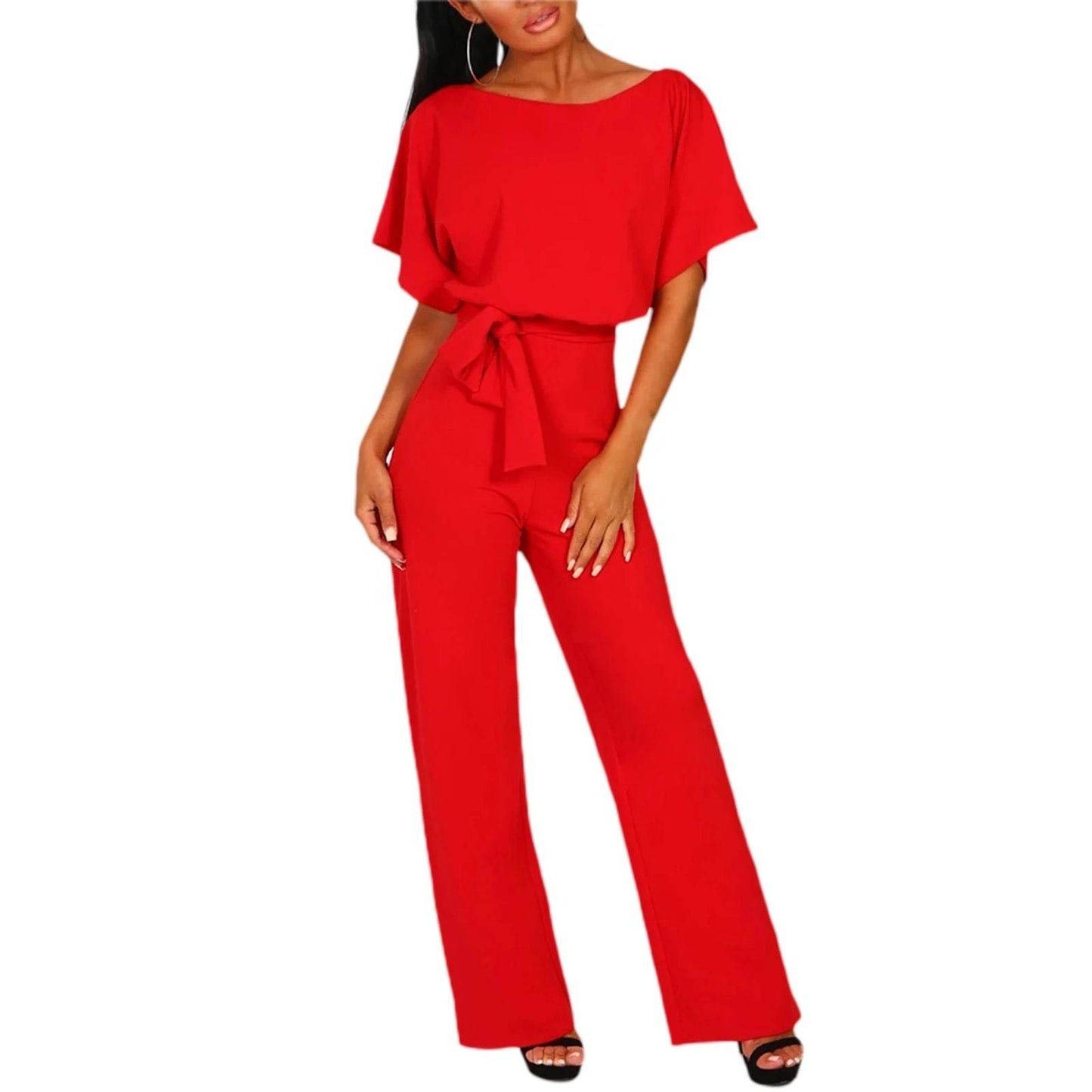 Women's clothing summer 2024 Jumpsuit, Elegant Short Sleeve Hollowed Waist Tie Solid Summer Wide Leg Pants - AIAZ