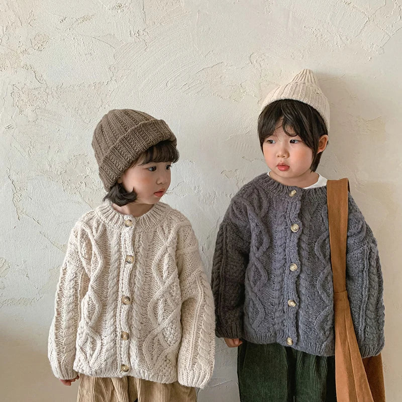 1 2 3 4 5 6 7 8 Years Girls Knitted Sweater Cardigan New Fashion Baby Coarse Wool Hemp Retro Cardigan Boys Coat Kids Clothes