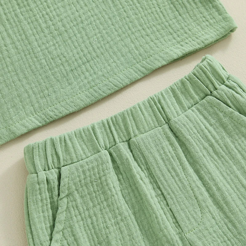 Suefunskry Toddler Boys Summer 2Pcs Casual Outfits Solid Color Short Sleeve Button Tops and Elastic Waist Shorts Sets 6M-4Y