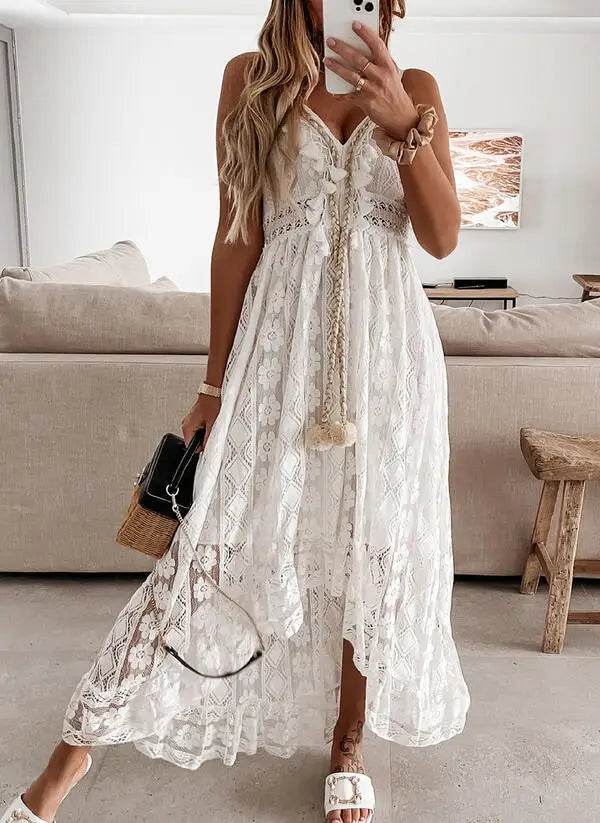 Women's Dress White Hollow Out Cotton Sundress Lace Sleeveless Long Splicing Summer Party Elegant Evening Woman Skirt Clothing - AIAZ