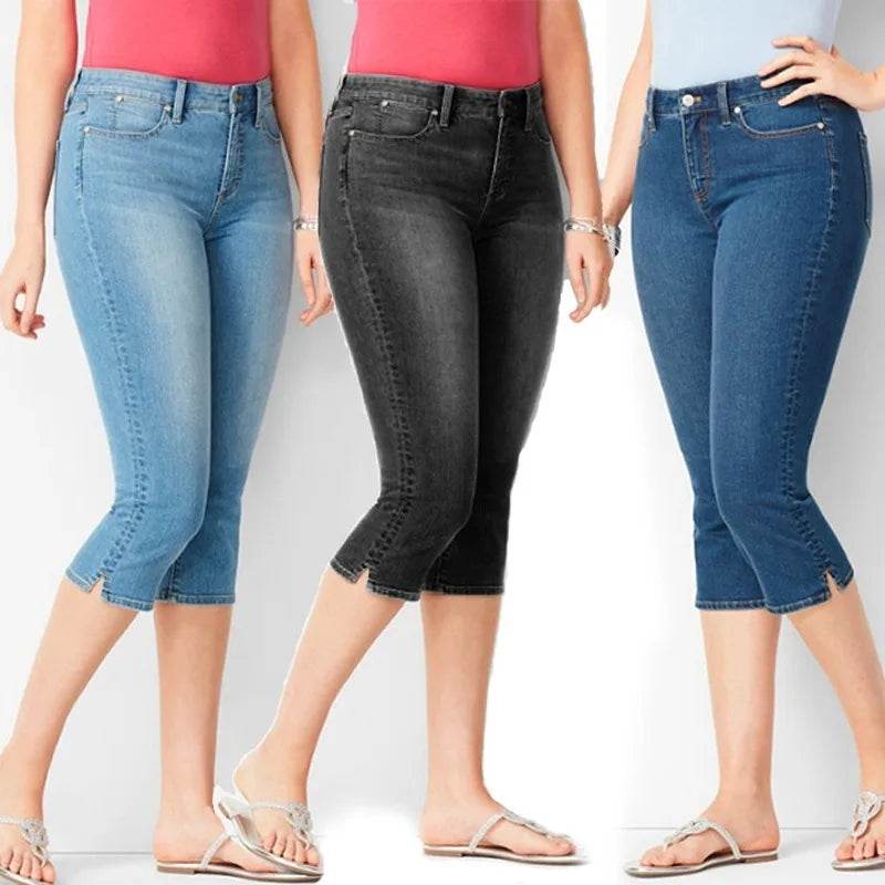 Woman's Jeans Black Denim Pants Ladies Cropped Trousers Skinny Knee Length Jeans Women Elastic High Waist Mom Jeans Oversize - AIAZ