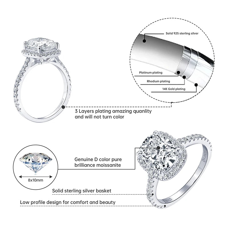 IOGOU Luxury 4ct Moissanite Halo Engagement Ring Certified Cushion Cut Diamond Wedding Rings 925 Sterling Sliver Wedding Jewelry