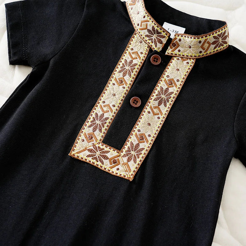 Ethnic Retro Lace Black Design 100% Cotton Soft&Comfortable 2025Newborn Summer0-18Months Boys and Girls Baby Short-Sleeve Romper