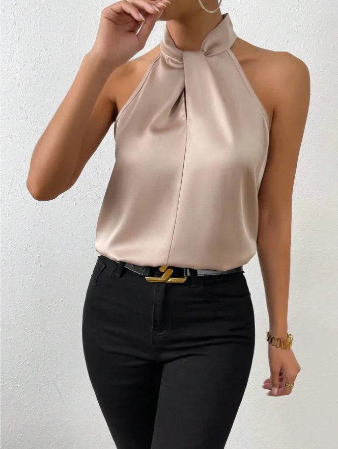 2025 Women's Tanks Top Camis Hanging Neck Strap Design Satin Gloss Loose Sleeveless Blouses Blusas Mujer Moda Black Sexy Shirt - AIAZ