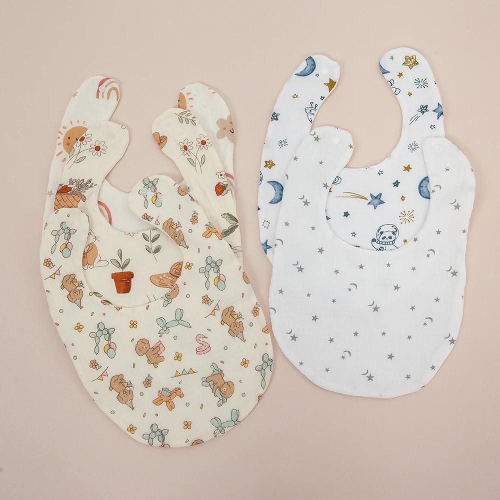 2Pcs/Set Baby Bibs Reusable Saliva Towel Good Absorption Soft 100% Cotton Gauze Cartoon Print Adjustable Baby Feeding Bibs