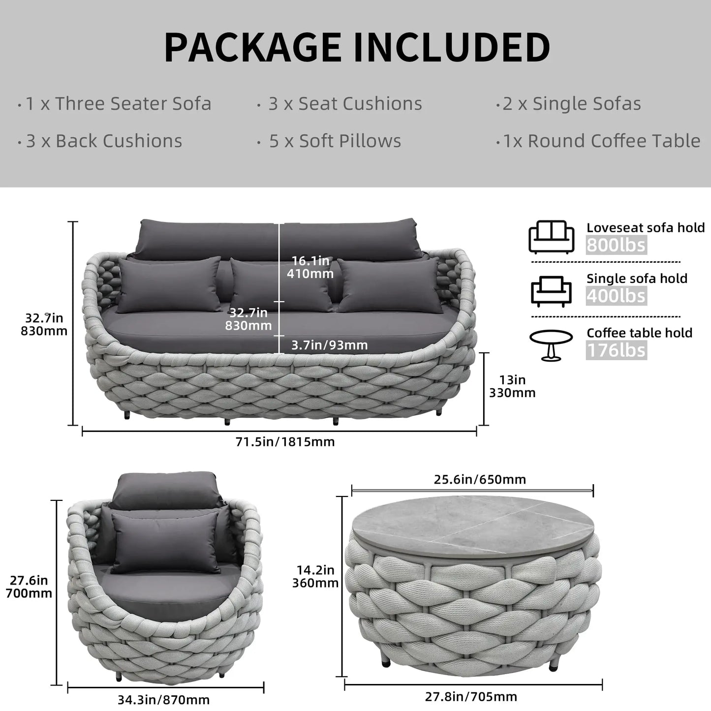 Outdoor Rattan Sofa Set, 2-Seat Patio Furniture for Balcony, Terrace, Villa or Courtyard, All-Weather Wicker Lounge Chair Combo