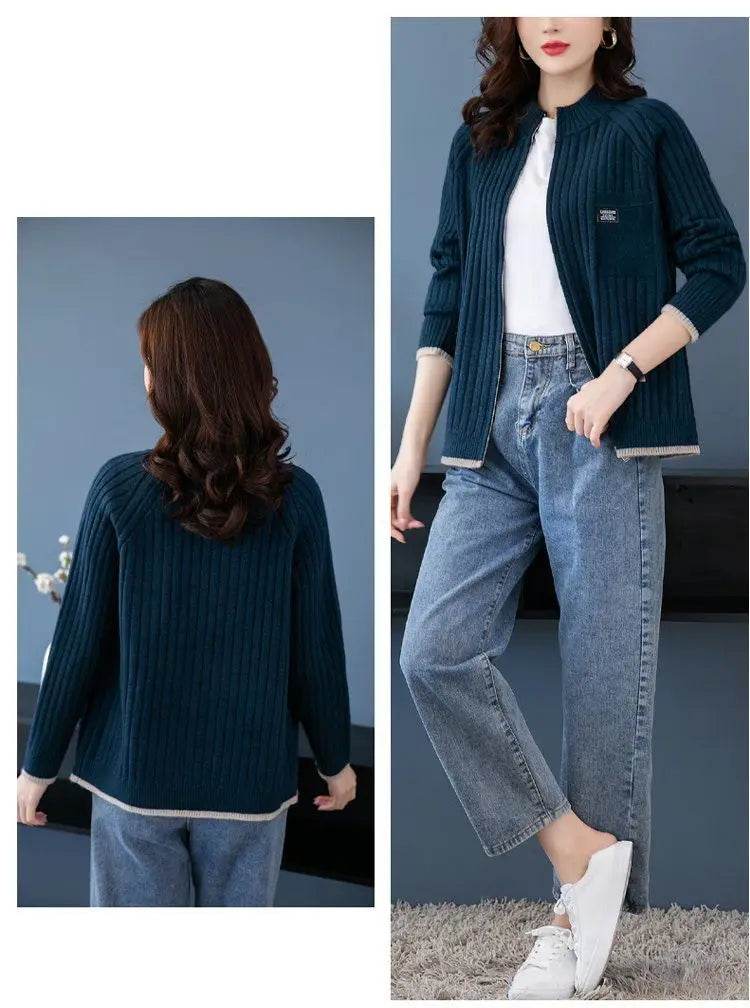 Knitted Cardigan Women's Coat 2025 Autumn Winter New Long sleeved Casual Zipper Sweaters Outwear Female Short Knitt Jacket - AIAZ