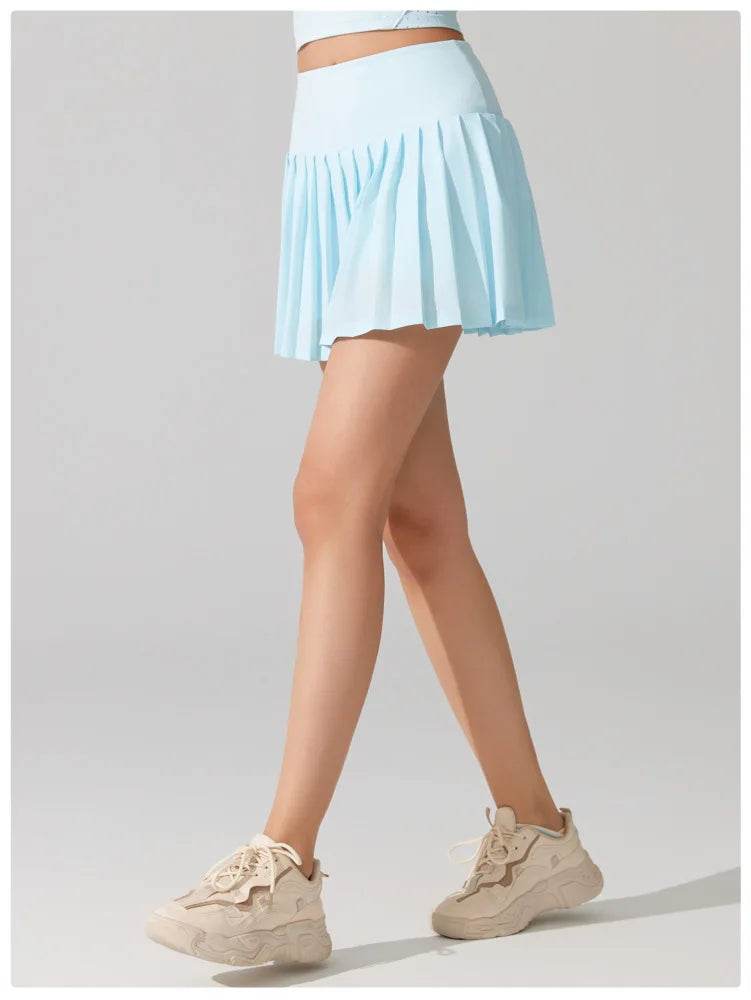 Women Summer Tennis Skirt Solid Color Pleated 2 In 1 Running Skirt Breathable Quick Dry Pocket Badminton Skirt Short Sportswear - AIAZ
