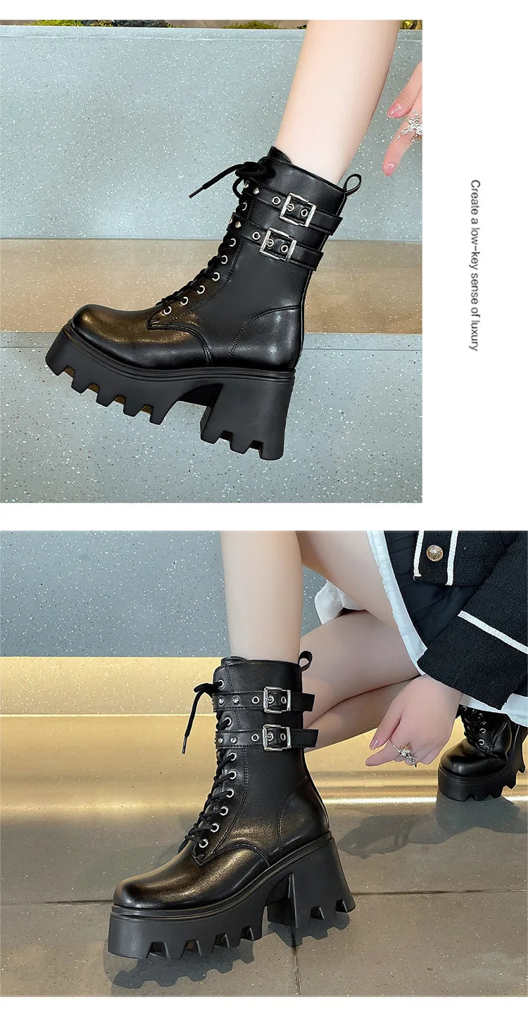 Trend Punk Women's Boots Buckle Platform Boots Mid-calf Gothic Boots for Women Autumn Ladies Motorcycle Boot Pu Leather Shoes