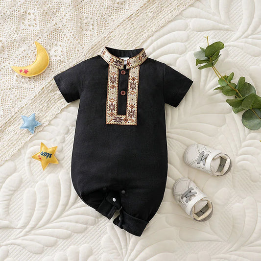 Ethnic Retro Lace Black Design 100% Cotton Soft&Comfortable 2025Newborn Summer0-18Months Boys and Girls Baby Short-Sleeve Romper