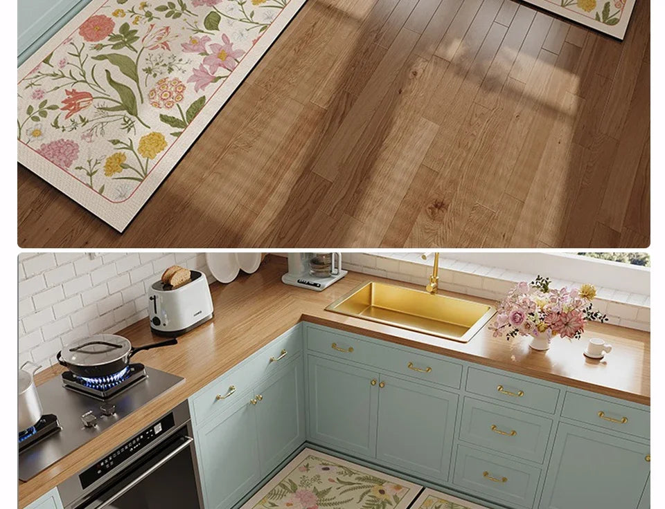 Kitchen Floor Mat Pvc Leather Waterproof Carpet Oil-proof Floral Rug Home Decoration Long Foot Mats Alfombra De Cocina 주방매트