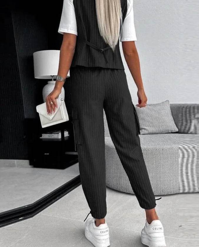 White Striped Vest Suit For Women Summer Casual V-neck Button Top Pocket Loose Pants Outfits Two-piece Suit For Women Elegant - AIAZ