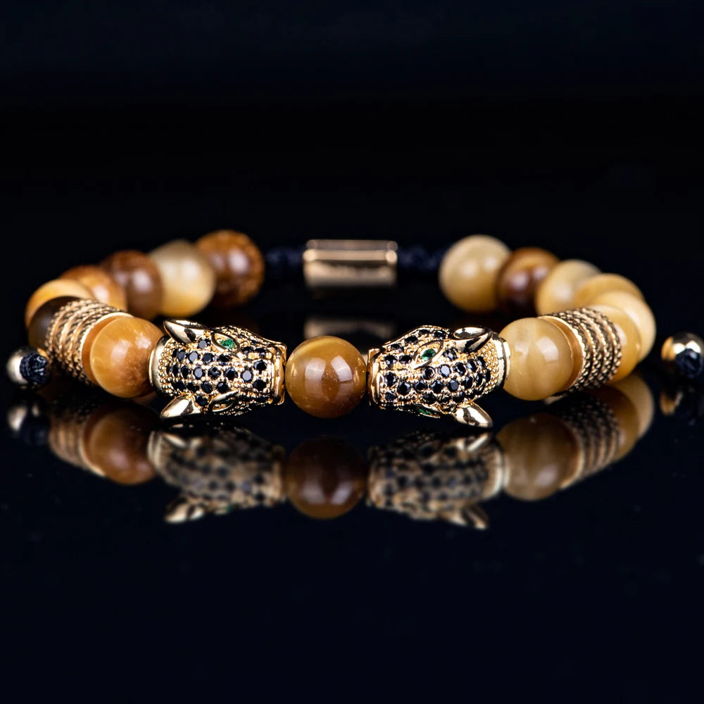 New Trend Double Leopard head Handmade tiger's-eye Bracelets  Accessories Handmade Men's Jewelry Pulseras homme