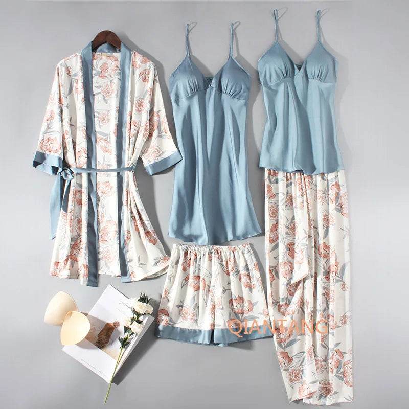 Pajamas Set Women Sleepwear Casual Satin Robe Suit Nightwear Lounge Wear V-neck Soft Pyjamas Kimono Bathrobe Gown Lingerie - AIAZ