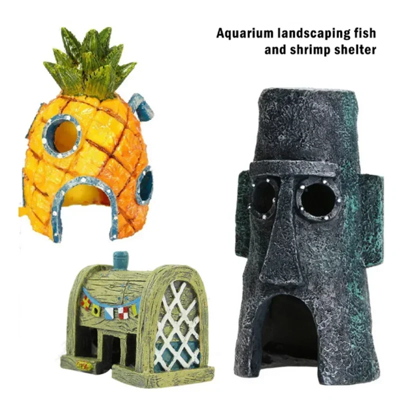 Fish Tank Decor Cartoon Figures Ornaments Simulation Resin Pineapple House Fish Tank Decoration Landscaping Aquarium Accessories