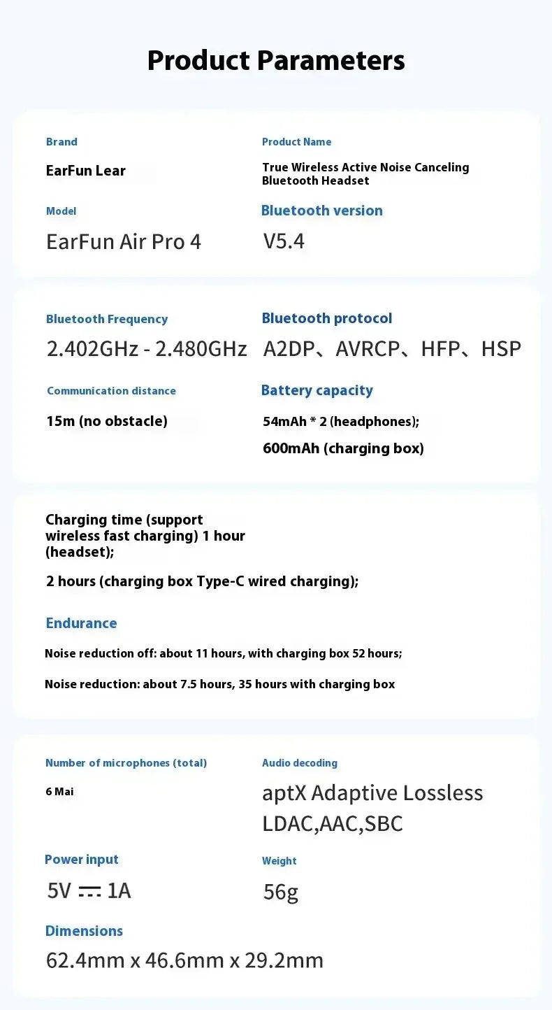EarFun Air Pro4 Bluetooth Earphone HI-FI Active Noise Reduction IPX5 Waterproof Dynamic Diaphragm Ergonomics Gamer Earbuds