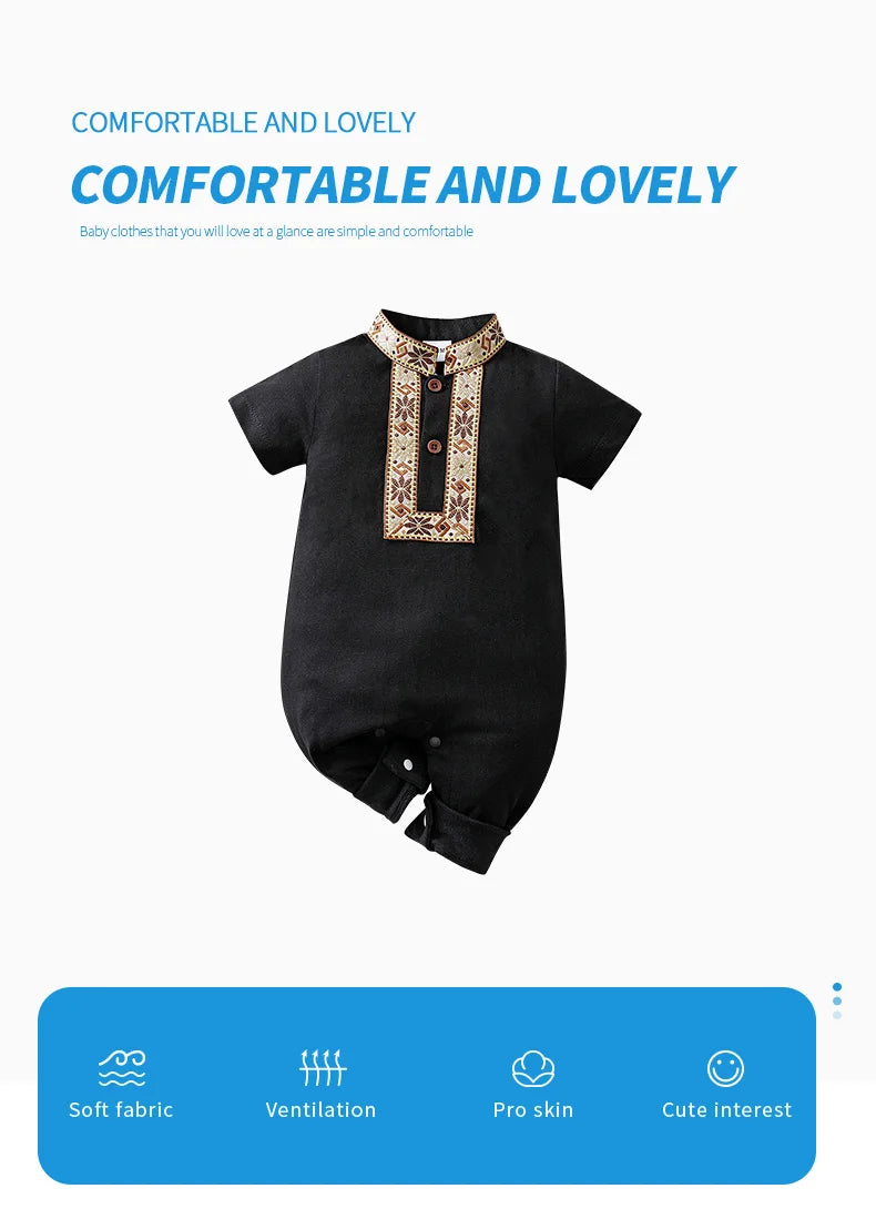 Ethnic Retro Lace Black Design 100% Cotton Soft&Comfortable 2025Newborn Summer0-18Months Boys and Girls Baby Short-Sleeve Romper