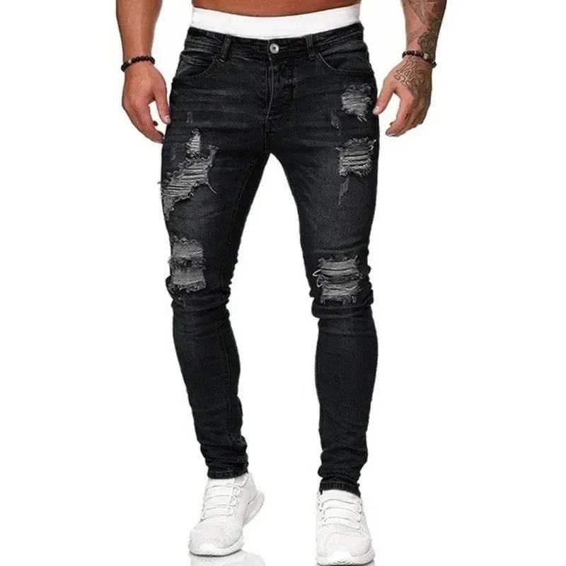 Fashion Street Style Ripped Skinny Jeans Men Vintage wash Solid Denim Trouser Mens Casual Slim fit pencil denim Pants hot sale - AIAZ