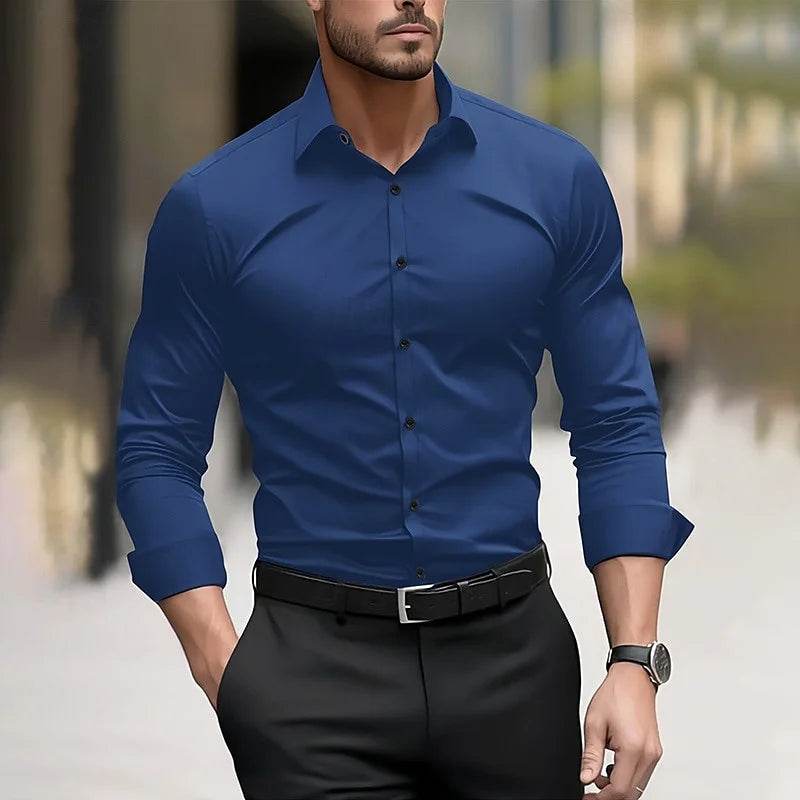 Men's formal shirt solid color wedding outdoor black red navy blue dark green long sleeve lapel summer spring clothing XS-6XL - AIAZ