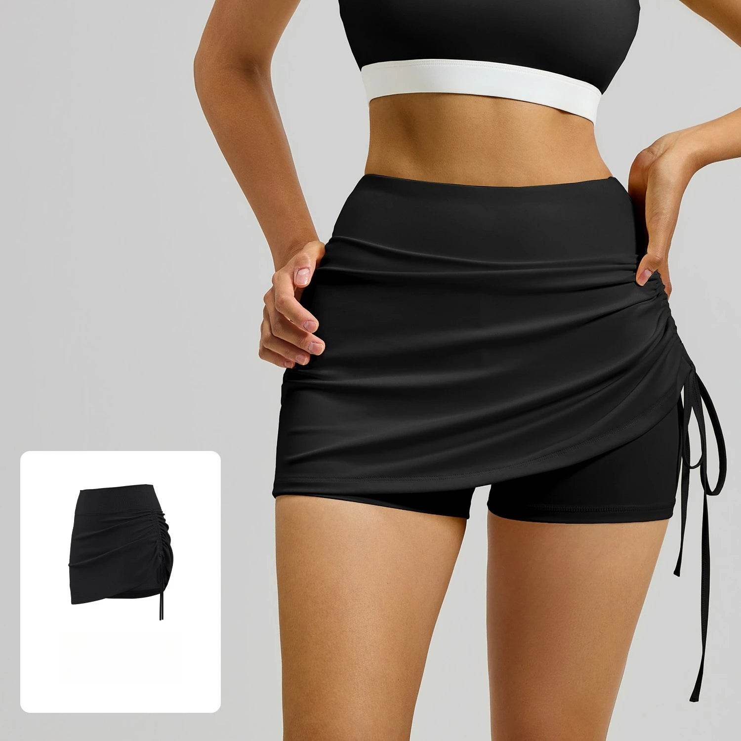 Shirring Sports Skirts with Safety Trousers for Women High Elastic Fashion Casual Fitness Skirts Fake Two Pieces Yoga Skirts - AIAZ
