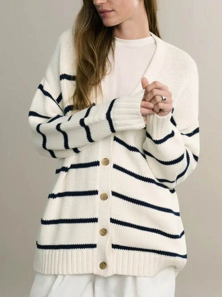 Striped Knitted Cardigan for Women European and American Style New Autumn and Winter 2025 V-Neck Long Sleeve Cardigan Sweater - AIAZ