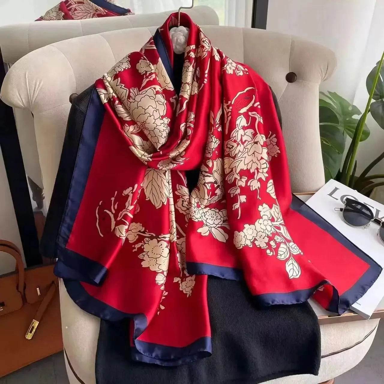 New Summer Women's Silk Scarf Sun Protection Satin Print Extra Long Beach Cover Up Decorative Mom's Shawl Fashionable Accessory - AIAZ
