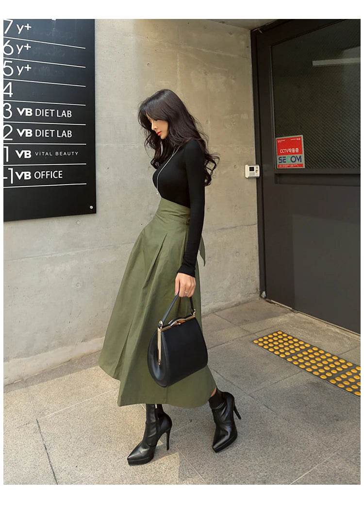 Skirts Womens Korean Fashion Solid Color Big Swing Ladies Skirt Long Skirt 2025 Autumn Wild High Waist Bow Slim Skirts - AIAZ