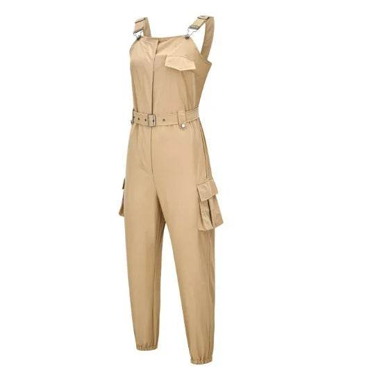2025 Women's Casual Jumpsuits Cargo Playsuit Sleeveless O Neck Jumpsuit With Pocket and Belt Elegant Pencil Pants Loose Overalls - AIAZ