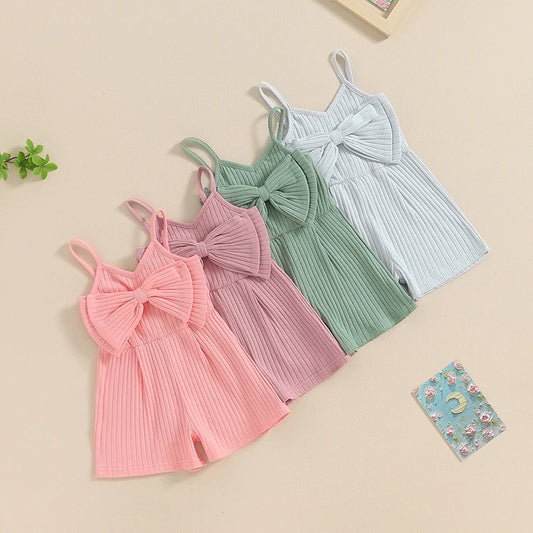 Pudcoco Infant Kids Baby Girl Ribbed Jumpsuit Summer Cute Bow Sleeveless Romper Shorts for Newborn Toddler Cute Clothes 6M-4T