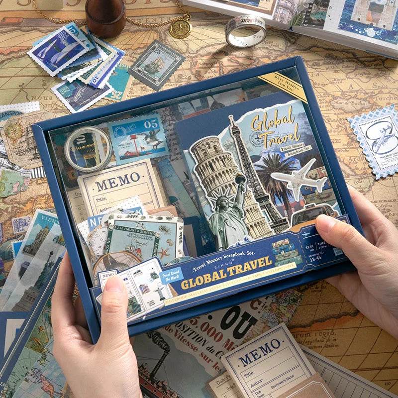 154 Pcs Vintage travel Handbook Gift Boxes School Student Reward Small Gifts Children's Gifts Scrapbook Supplies Stationery Set - AIAZ