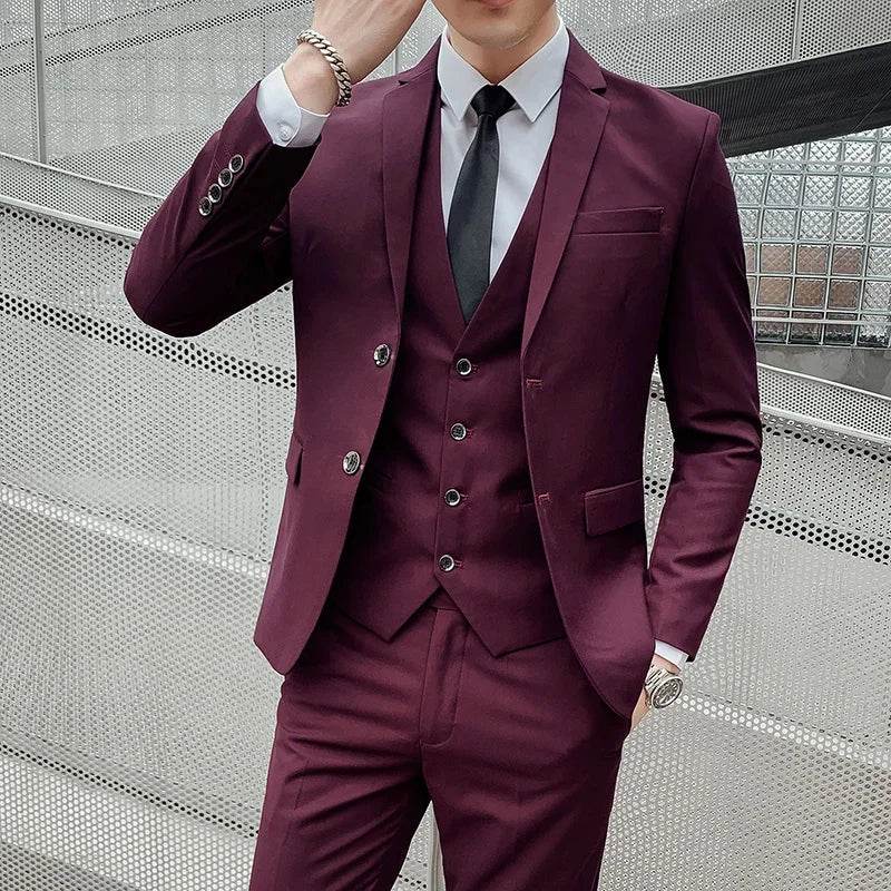 Suit (Blazer+ Vest + Pants) Men's Business Gentleman Fashion Slim Work Solid Color Plus Size Fair Dress Wedding Best Man Suit - AIAZ
