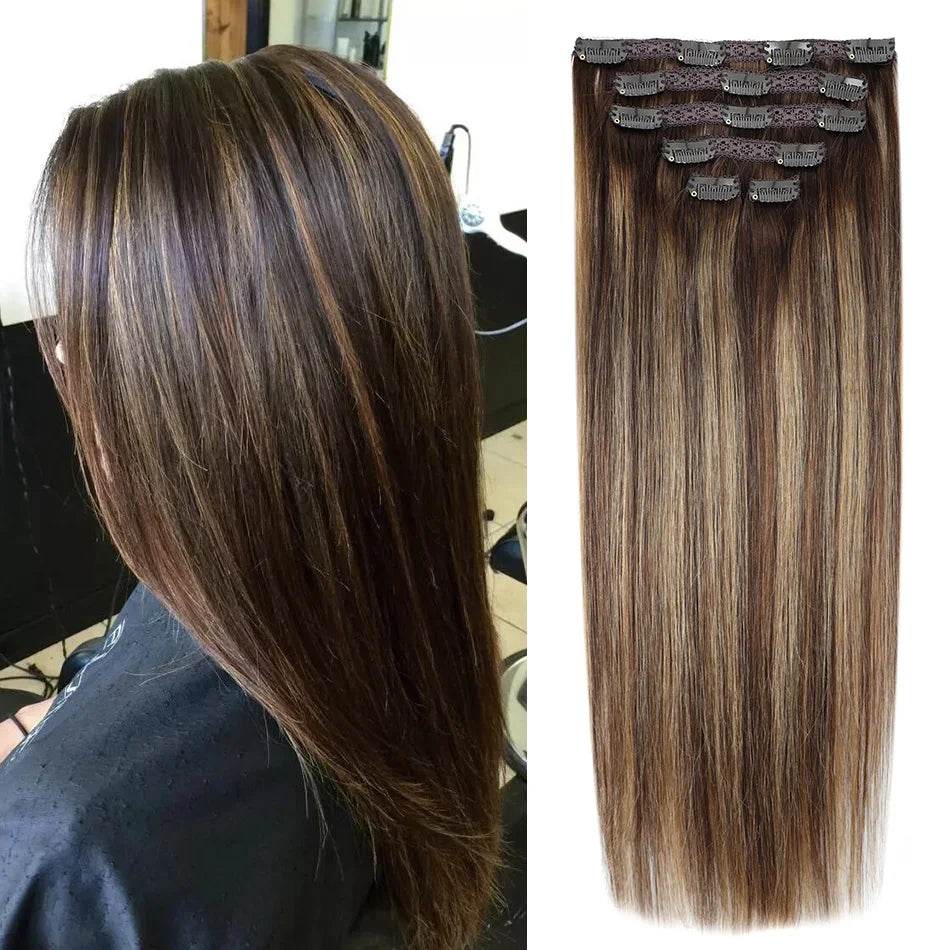 BHF Clip in Hair Extensions Human Hair Straight Remy Hair Natural Black Light Brown Honey Ombre Hair Extensions With Clips 70g - AIAZ
