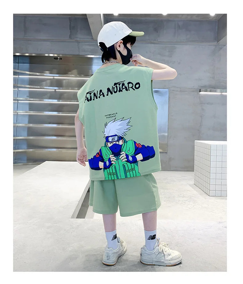 Summer Boys Cotton Sleeveless Cartoon T-Shirt Tops+Shorts Workout Sets School Kids 2PCS Tracksuit Children Jogging Outfit 5-16Yr